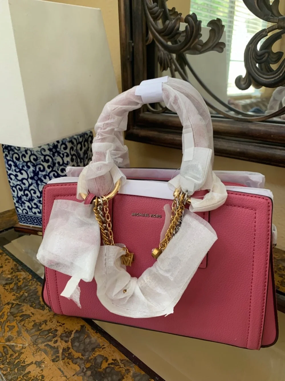 Michael Kors Rose Pink Leather Satchel with Charm Chains - Picture 8 of 8